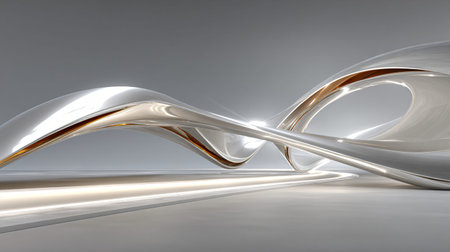 Abstract chrome fluid wave structure twists dynamically across a luminous white floor suggesting futuristic motion and elegant luxury design concepts in minimalist digital art.の写真素材