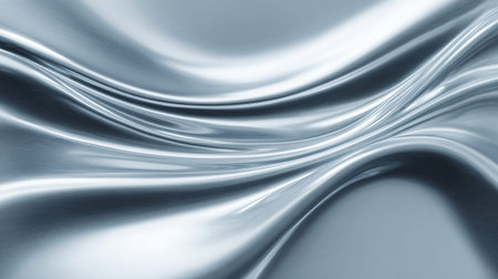 Abstract wavy background showcases flowing liquid metal or silk fabric in shimmering silver and subtle blue hues. The smooth, sleek, and reflective texture creates a modern, luxurious, and elegant aesthetic, perfect for various graphic and digital design projects.の写真素材