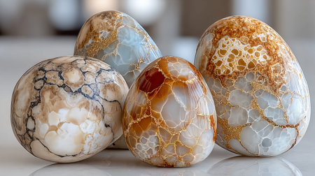 Exquisitely crafted decorative eggs, featuring intricate patterns resembling natural stone fissures with sparkling golden inlay, create a luxurious and elegant visual display perfect for sophisticated home or office decor and artistic arrangements, adding a touch of unique beauty.の写真素材
