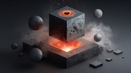 Abstract dark science fiction structure shows a heavy textured cube levitating above a brilliant orange eruption contained within a dark base surrounded by smoky atmosphere and orbiting spheres.の写真素材