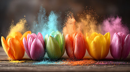 Brightly colored tulips are dramatically showered with fine pigment powder creating an explosion of vibrant hues suitable for depicting spring festivals like holi celebrations.の写真素材