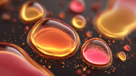 Abstract vibrant glowing liquid drops in warm hues of red, orange, and yellow reflect beautifully on...