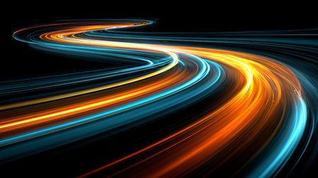 Vibrant orange and blue light trails create an abstract, winding path against a dark background,...