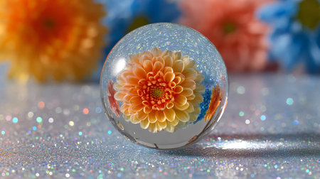 Vibrant orange dahlia flower is delicately encased within a glistening glass sphere, positioned gracefully on a sparkling glitter surface, with soft, colorful blurred flowers providing an ethereal background, creating a whimsical and captivating visual composition that evokes feelings of beauty, magic, and delicate artistry in its intricate details and luminous glow.の写真素材