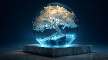 Illuminated life force energy manifests as a radiant crystallized tree encased within a glowing...