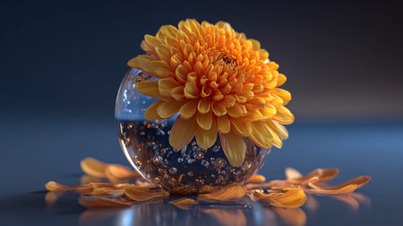 Majestic vibrant orange chrysanthemum flower is precariously situated inside a small glass sphere...