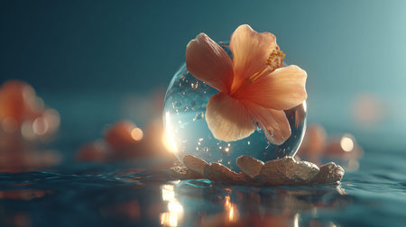 Delicate orange hibiscus flower is gracefully encapsulated within a clear glass sphere, gently floating on a serene water surface, its soft petals reflecting the subtle ambient light; the captivating composition evokes a sense of tranquility, ethereal beauty, and the delicate balance of nature's wonders, highlighting both fragility and resilience in an aquatic environment.の写真素材