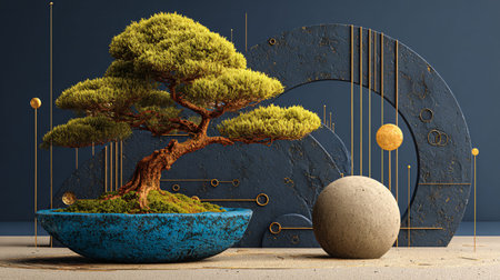 Miniature bonsai tree, meticulously cultivated in a vibrant blue textured pot, stands elegantly amidst a stunning minimalist abstract setting featuring dark blue arch-like forms, golden lines, and spheres, alongside a rough stone orb, creating a harmonious blend of natural beauty and contemporary art in a tranquil, sophisticated composition.の写真素材