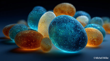Glowing abstract spheres in vibrant blue orange and white hues with intricate speckled textures create a stunning visual display of illuminated digital art arranged captivatingly on a dark background, suggesting a futuristic or scientific composition with a sense of wonder and mystery, perfect for themes related to innovation technology or artistic concepts.の写真素材