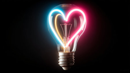 Glowing lightbulb features an internal neon heart outline split between cool blue and warm pink colors symbolizing the bright illumination of love or a brilliant romantic idea against absolute darkness.の写真素材