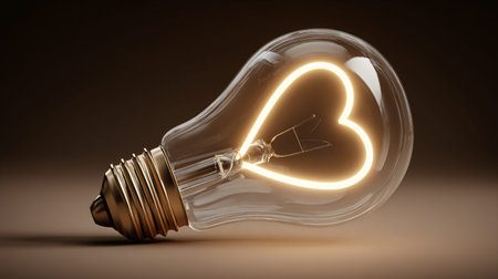 Incandescent light bulb with a beautifully glowing heart-shaped filament softly illuminates a rich warm environment, symbolizing profound love, heartfelt passion, boundless creativity, and brilliant innovative ideas, making it perfect for various concepts related to deep romance, inspiring connections, groundbreaking thoughts, or the very essence of human connection in both personal and professional spheres.の写真素材