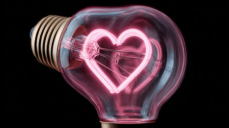 Glowing neon heart filament vividly shines pink inside a clear glass incandescent light bulb with a copper base set against absolute black symbolizing brilliant romantic ideas and passionate love concepts.の写真素材