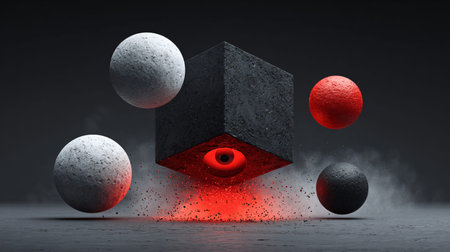 Dark textured cube with a captivating glowing red eye aperture beneath it emits dynamic particles, surrounded by various floating textured spheres, creating an enigmatic abstract digital artwork that blends industrial grit with luminous energy for a powerful visual experience.の写真素材