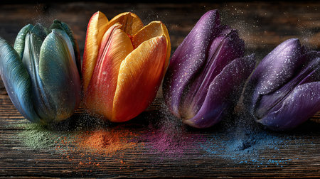 Four vibrantly colored tulips shimmering with glitter and surrounded by artistic powder trails rest elegantly on a dark rustic wooden surface creating a magical still life composition that highlights their unique beauty and intricate details for a captivating visual experience.の写真素材