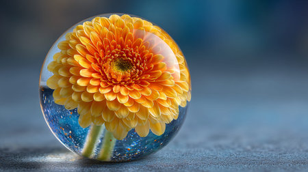 Vibrant orange gerbera flower is exquisitely encapsulated within a clear glass sphere containing...