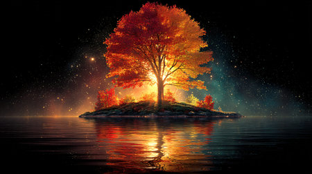 Mystical autumn tree illuminates a dark scene from a small island surrounded by a shimmering star...