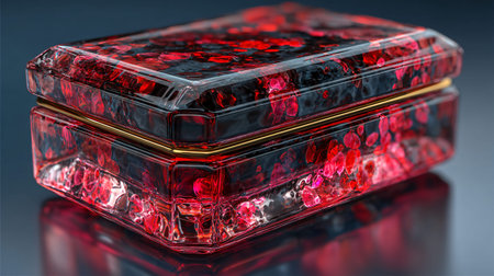 Translucent glass box adorned with vivid red and crimson fragments suspended within its polished...