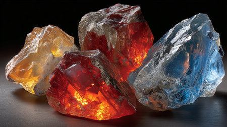 Multiple rough chunks of vibrant, translucent glass or industrial slag are illuminated from within,...