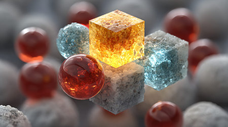 Abstract geometric shapes, including a radiant orange cube, a luminous blue cube, and transparent...