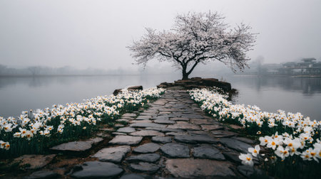 Stone pathway bordered by dense white daffodils guides the eye toward a solitary blossoming tree...