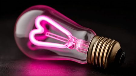 Unique heart-shaped pink filament beautifully illuminates within a clear glass light bulb, lying...