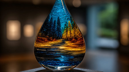 Exquisite teardrop shaped glass art object meticulously encapsulates a miniature illuminated forest...