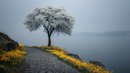 White blossoming tree stands majestically on a peaceful hillside overlooking tranquil lake waters,...