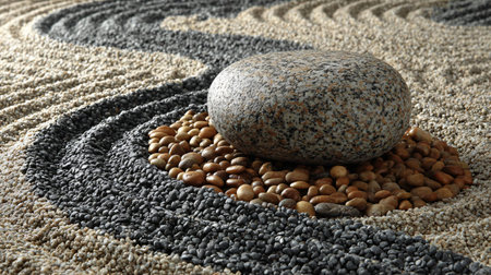 Close up composition features a single large speckled granite stone resting on a small pile of...