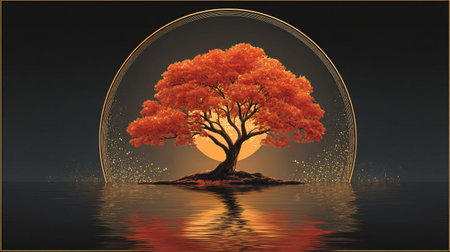 Vibrant orange autumnal tree stands rooted on a small island reflected perfectly in still dark water...