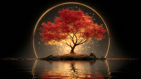 Illuminated Japanese maple tree with vibrant red and orange autumn foliage rests on a small rocky...