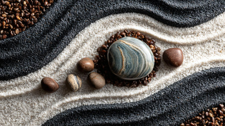Carefully arranged polished stones and natural river rocks are centered on a bed of white and dark...