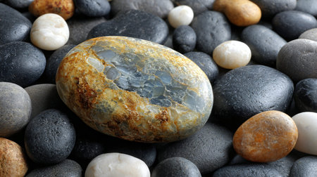 Naturally smoothed and varied river pebbles and beach stones create a rich, tactile background,...