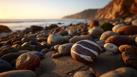Intricately patterned pebbles and smooth stones rest on a sun-drenched sandy beach, illuminated by...