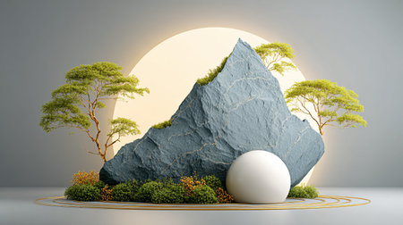 3d rendering of a landscape with a stone and a tree.