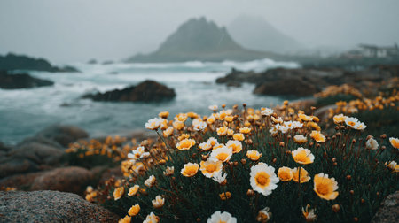 Delicate yellow and white blossoms thrive in the foreground against a blurred backdrop of dark rocks and churning sea water during a misty day.の写真素材