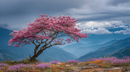 Vibrant pink cherry blossom tree stands prominently on a beautiful hillside, surrounded by colorful...