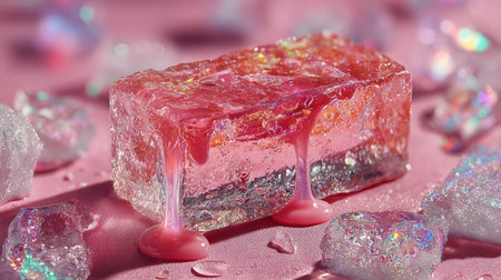 Mesmerizing macro shot features a large, melting pink crystalline block dripping thick, shimmering...