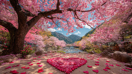 Heart shape crafted from many pink petals and red foam hearts rests on the ground under brilliant...