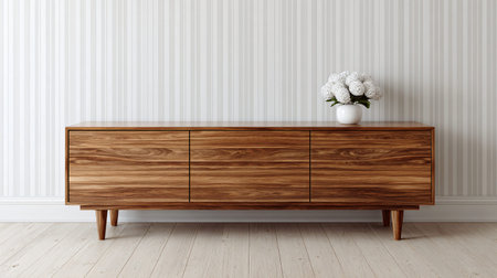 Stylish wooden console table, featuring a sleek, minimalist, mid-century modern design, stands...