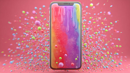 Smartphone concept displays a psychedelic rainbow liquid melting effect with drips running down the...