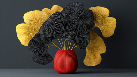 Striking abstract arrangement showcases stylized black and shining gold ginkgo leaves dramatically...