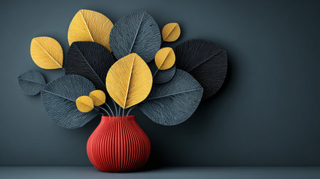 Red corrugated vase dramatically displays an intricate arrangement of large textured abstract yellow and dark grey leaves, casting subtle shadows against a deep complementary background, creating a sophisticated and elegant modern artistic decorative statement ideal for contemporary interior design concepts, digital art, or unique graphic projects.の写真素材