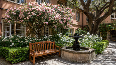 Tranquil courtyard garden features a weathered wooden bench nestled near a classic tiered stone fountain surrounded by abundant pink and white flowering roses beneath the canopy of a large mature tree adjacent to historic building windows.の写真素材
