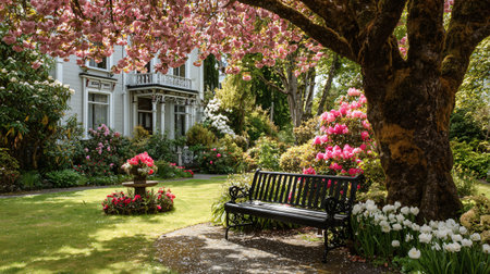 Idyllic garden view captures a peaceful black metal bench situated beneath the heavy pink blossoms...