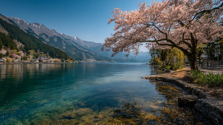 Vibrant cherry blossom tree magnificently frames a picturesque tranquil lake on a breathtakingly...