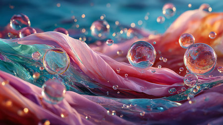 Abstract close up reveals shimmering transparent liquid spheres resting upon undulating waves of...