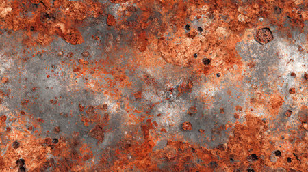 Rusty texture displays rich tones of vibrant orange iron oxide aggressively interacting with cool...