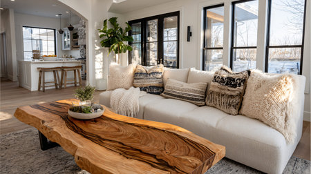 Beautiful modern living space showcases a striking live edge wood coffee table accentuating a...