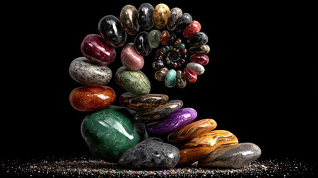 Polished colorful gemstones and natural rocks are artfully arranged in a captivating spiral and...