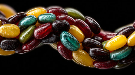 Macro close up reveals a tempting arrangement of intensely colored glossy jelly beans featuring red...